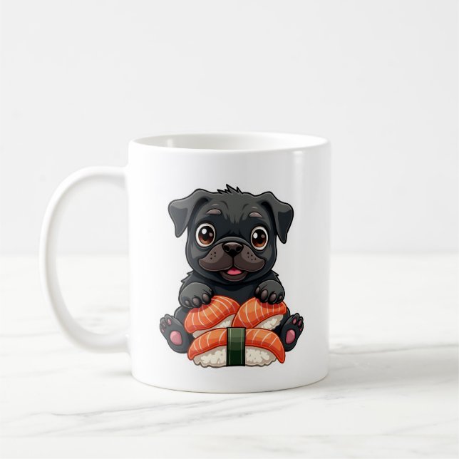 Retro Söt Svart Mops Sushi Serieteckning Vektor Il Kaffemugg (Vänster)