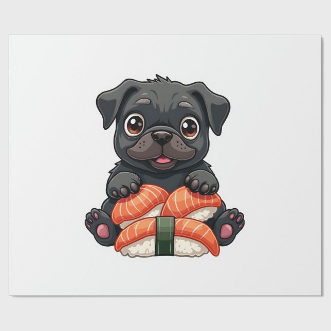 Retro Söt Svart Mops Sushi Serieteckning Vektor Il Presentpapper (Platt)
