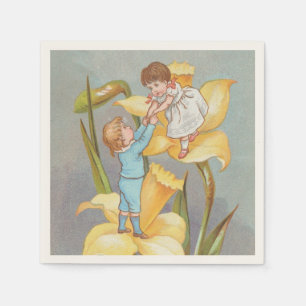 Retro Söt Valentine, barn och narcissus Pappersservett