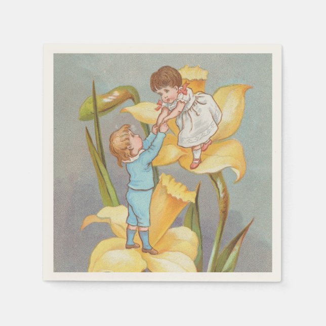 Retro Söt Valentine, barn och narcissus Pappersservett (Framsidan)