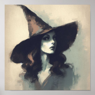 Retro Söt Witch i målning av målning med spetshat Poster
