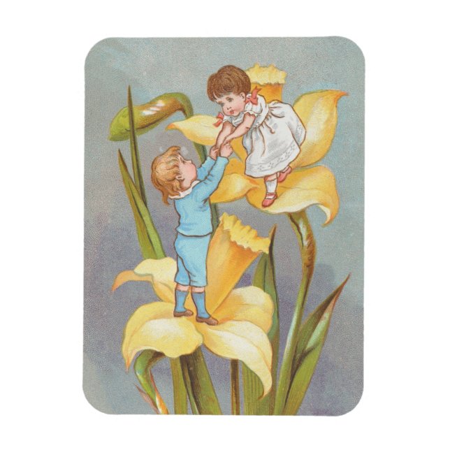 Retro söta söta valentin, barn och påskliljor magnet (Vertikal)