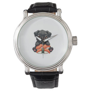 Retro söta svarta mops sushi seriefigur vektorillu armbandsur
