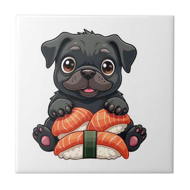 Retro söta svarta mops sushisar teken vektorillust kakelplatta (Framsidan)