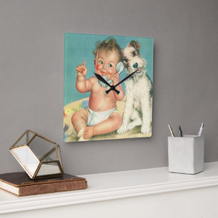 Retro Sött Baby Pratar i Telefon Valp Hund Fyrkantig Klocka