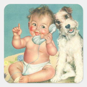 Retro Sött Baby Pratar i Telefon Valp Hund Fyrkantigt Klistermärke