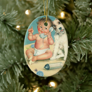 Retro Sött Baby Pratar i Telefon Valp Hund Julgransprydnad Keramik