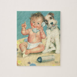 Retro Sött Baby Pratar i Telefon Valp Hund Pussel