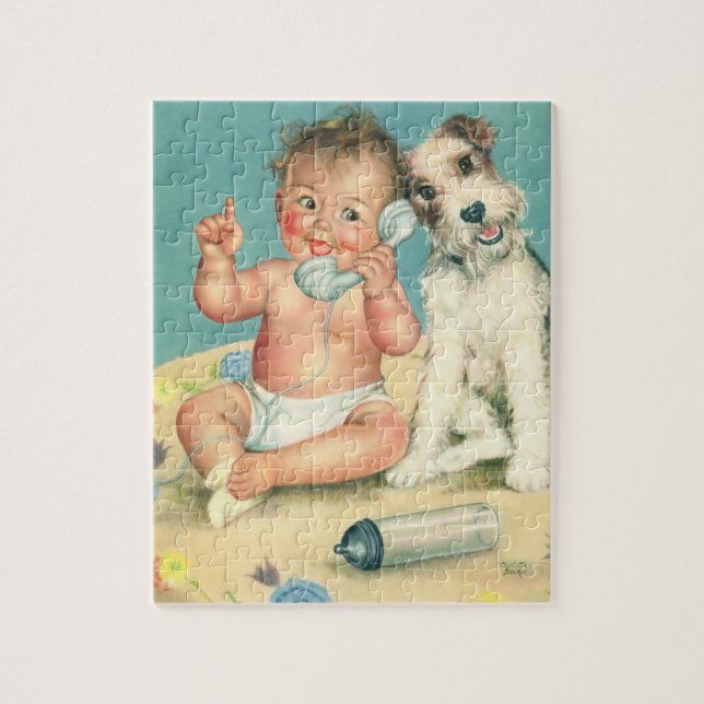 Retro Sött Baby Pratar i Telefon Valp Hund Pussel (Vertikal)