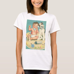 Retro Sött Baby Pratar i Telefon Valp Hund T Shirt