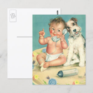 Retro Sött Baby Pratar i Telefon Valp Hund Vykort