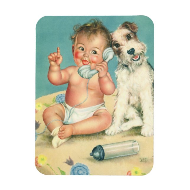 Retro sött barn som talar i telefonen Valp Hund Magnet (Vertikal)