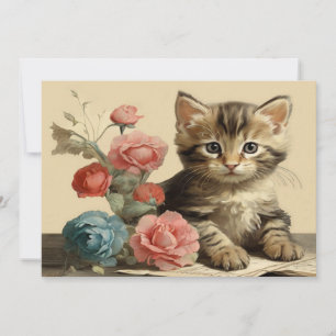 Retro Sött Kattporträtt Mjuka Färger Blommor Julkort