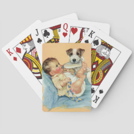 Retro sött litet pojkbarn med flaska och valp casinokort
