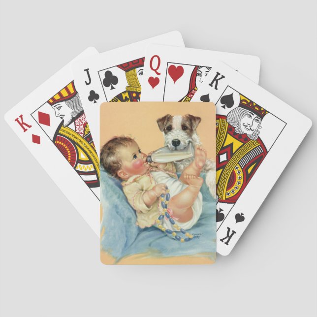 Retro sött litet pojkbarn med flaska och valp casinokort (Baksidan)