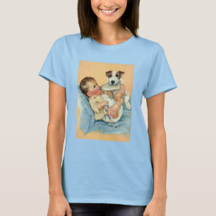 Retro sött spädbarn pojke med flaska och valp hund t shirt