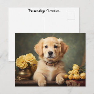Retro Sött Valpporträtt av Golden Retriever Vykort