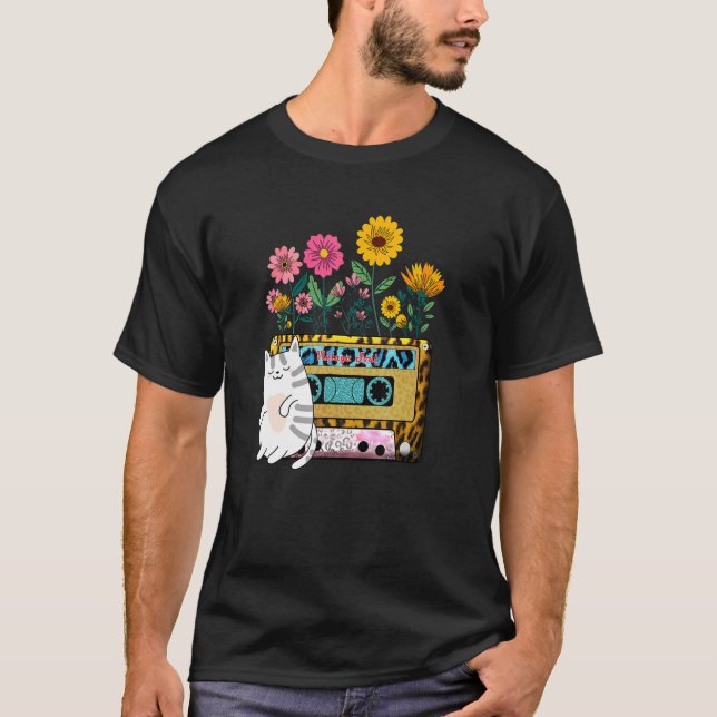 Retro Soul Cassette Tape Flowers Wildblomkatt T Shirt (Framsida)