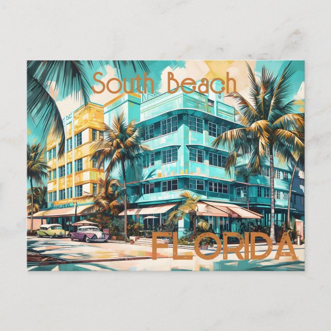 Retro South Beach Miami Florida Postcard Vykort (Framsida)
