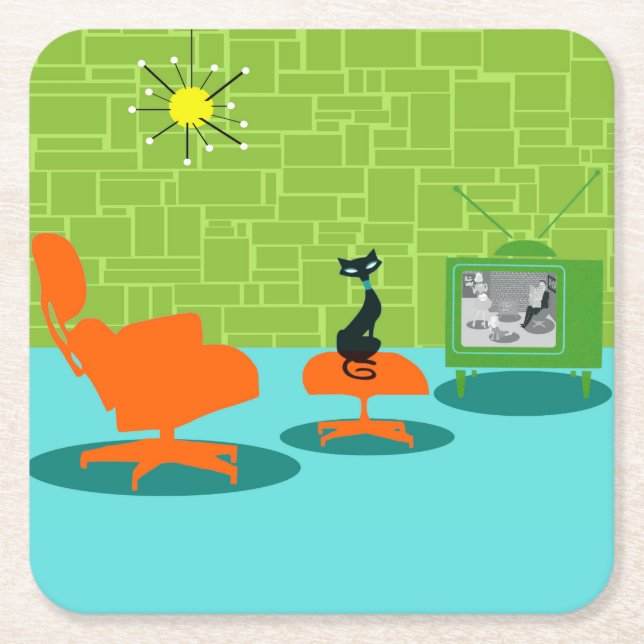 Retro Space Age Kattunge Papprare Underlägg Papper Kvadrat (Framsidan)