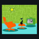 Retro Space Age Kattunge Poster<br><div class="desc">Det sägs att hundar har ägare och katter har personal. Kattdjuret på denna Poster för Retro Space Age Kattunge kunde inte godkänna mer! 1960-talets minimalistiska konsthantverk i stil har en slank, svart katt i ett modernt vardagsrum i mitten av århundradet. Det sofistikerade rummet har en grönt, en stenvägg. Maten är...</div>
