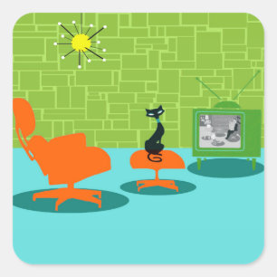 Retro Space Age Kattunge-stift Fyrkantigt Klistermärke