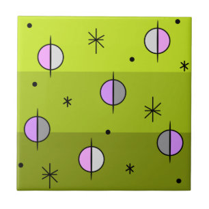 Retro Space Age Planets Stars Chartreuse Kakelplatta