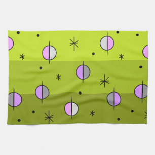 Retro Space Age Planets Stars Chartreuse Kökshandduk