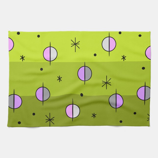 Retro Space Age Planets Stars Chartreuse Kökshandduk (Horisontell)