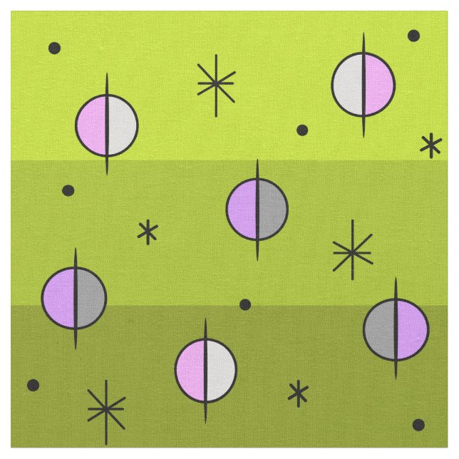 Retro Space Age Planets Stars Chartreuse Tyg (Närbild)