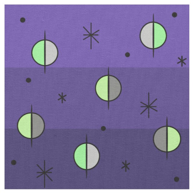 Retro Space Age Planets Stars Indigo Tyg (Närbild)