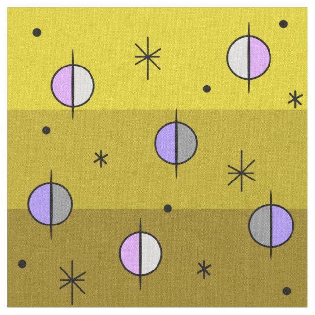 Retro Space Age Planets Stars Ochre Gult Tyg (Närbild)