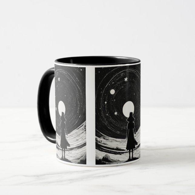 Retro Space Art | Svartvit Tecknad Mugg (Framsida vänster)