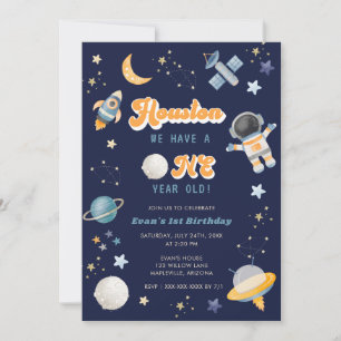 Retro Space Houston Vi har en 1-årig födelsedag Inbjudningar