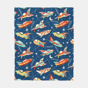 Retro Space Rocket Cars Blue Personlig Namn Fleecefilt