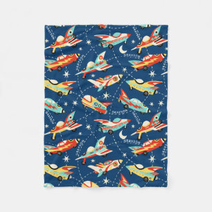 Retro Space Rocket Cars Blue Personlig Namn Fleecefilt