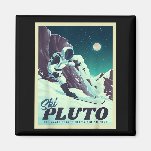 Retro Space Tourism Ski Pluto Skiing Skier Magnet (Framsidan)