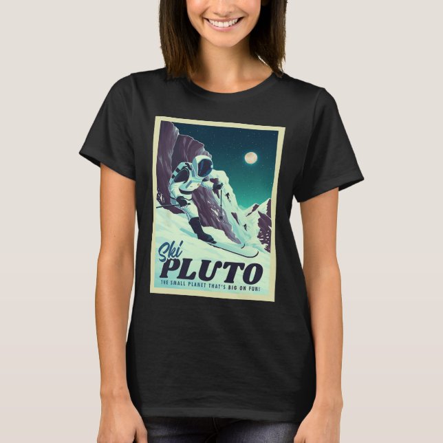 Retro Space Tourism Ski Pluto Skiing Skier  T Shirt (Framsida)