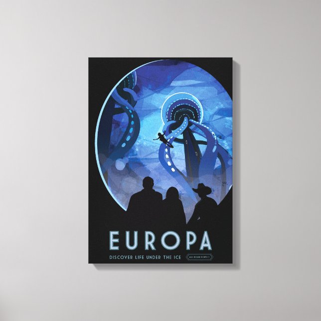Retro Space Travel Poster-Jupiters Måne Europa. Canvastryck (Framsida)