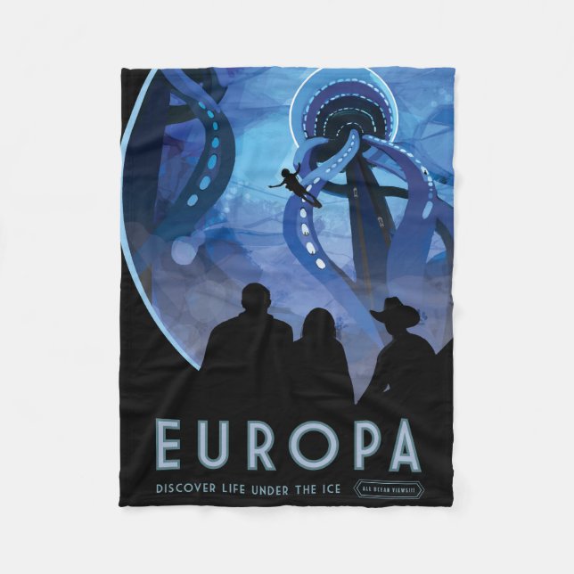 Retro Space Travel Poster-Jupiters Måne Europa. Fleecefilt (Framsidan)