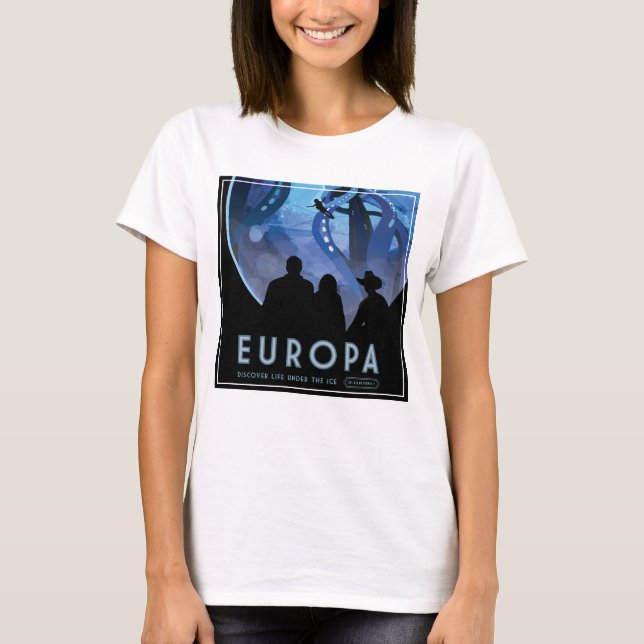 Retro Space Travel Poster-Jupiters Måne Europa. T Shirt (Framsida)