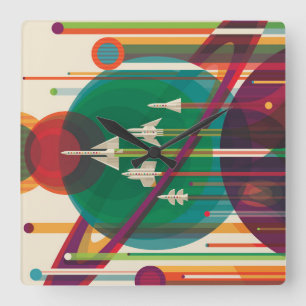 Retro Space Travel Poster - Solar System Grand Tou Fyrkantig Klocka