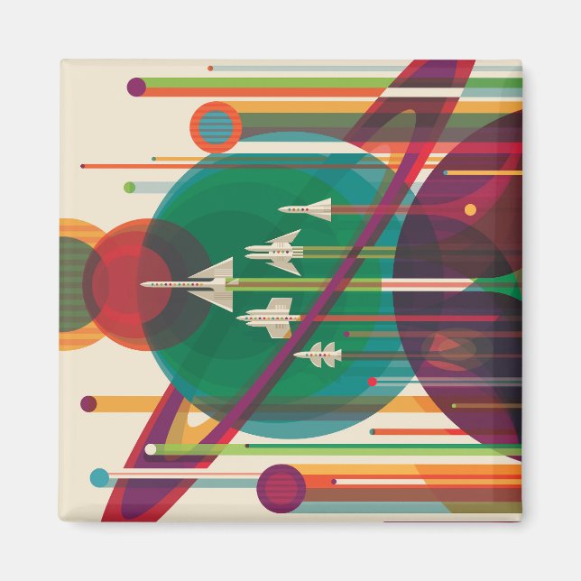 Retro Space Travel Poster - Solar System Grand Tou Magnet (Framsidan)
