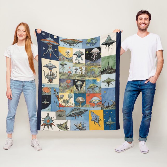 Retro Spaceships och Utomjordingars marin Fleecefilt (På plats)