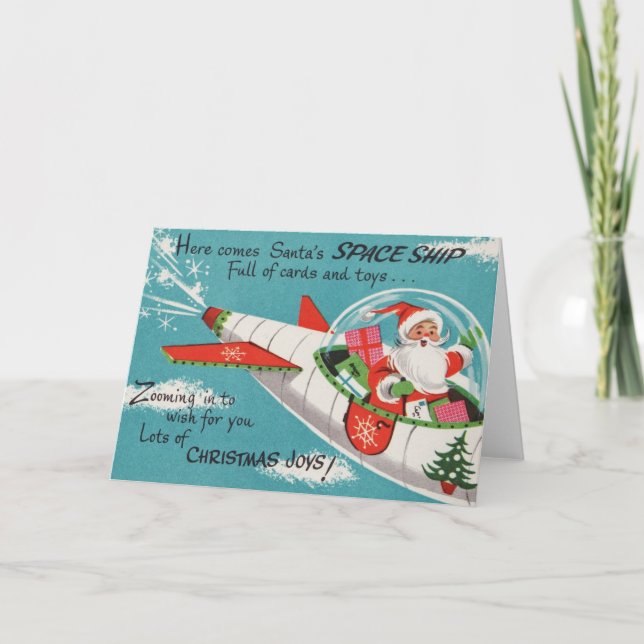 Retro SpaceshipSanta julkort Helgkort (Framsida)