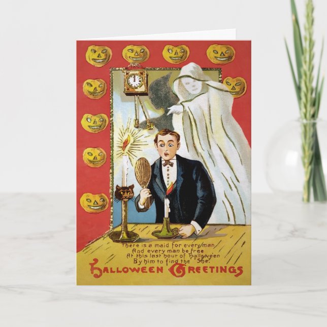 Retro spegel spök Halloween-kort Helgkort (Framsida)