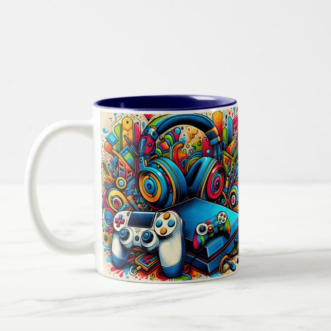 Retro spelkonsol och hörlurar Två-Tonad mugg (Vänster)