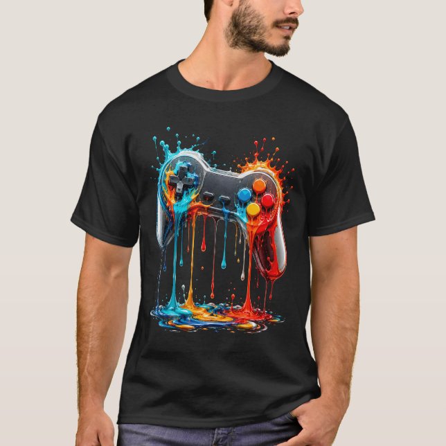 Retro spelkontrollfärgssprut t shirt (Framsida)