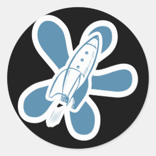 Retro Splat Rocket White Blue Runt Klistermärke