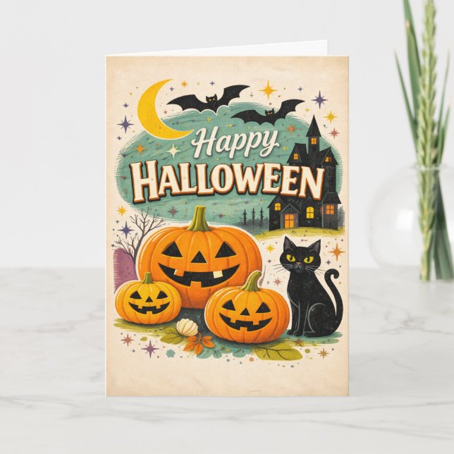 Retro spökhus vintage Halloween Kort (Framsida)